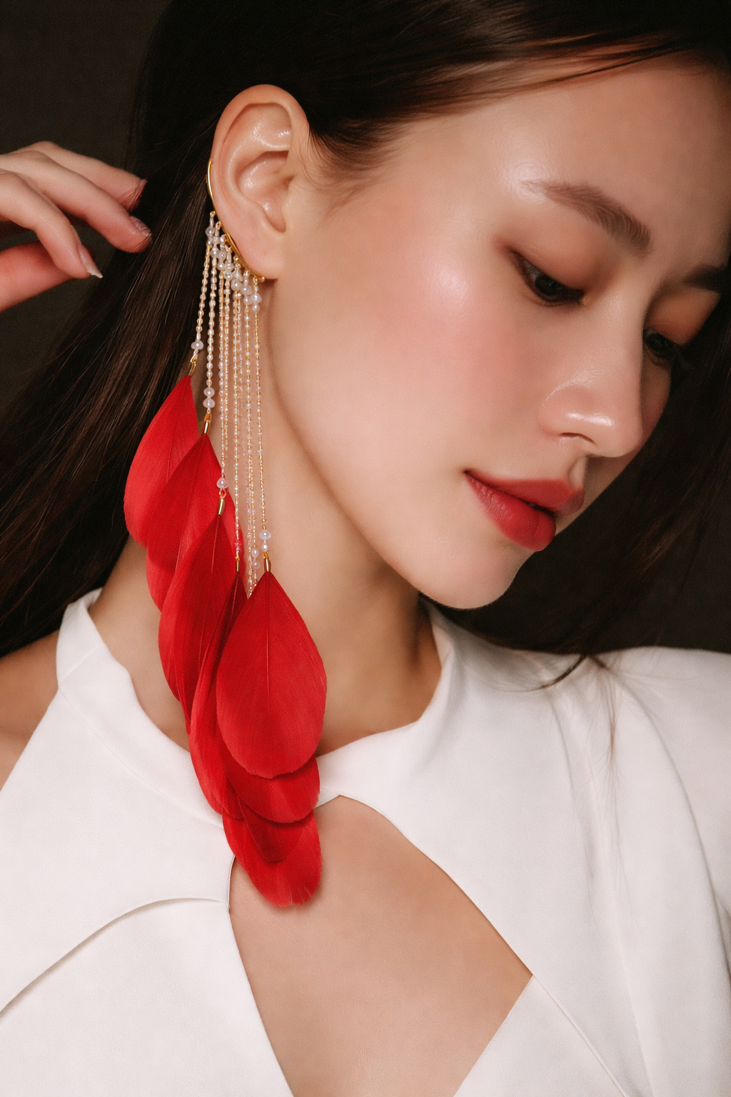 Single Red Tassel Feather Ear Cuff