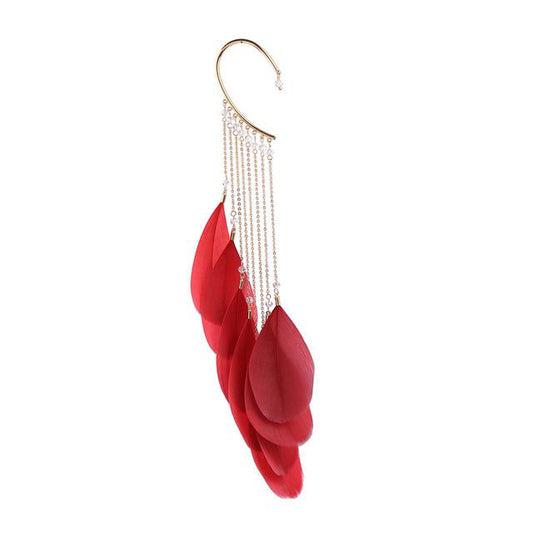 Single Red Tassel Feather Ear Cuff